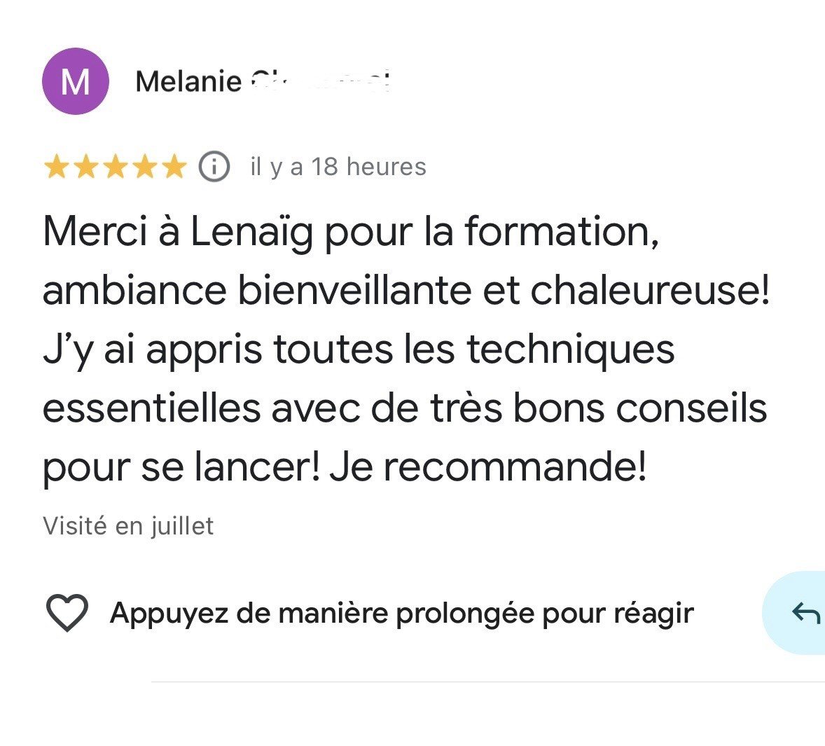 Avis Google de Melanie sur la formation Prothésiste Ongulaire by LNail's