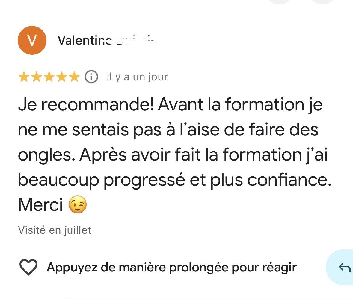 Avis Google de Valentine sur la formation Prothésiste Ongulaire by LNail's